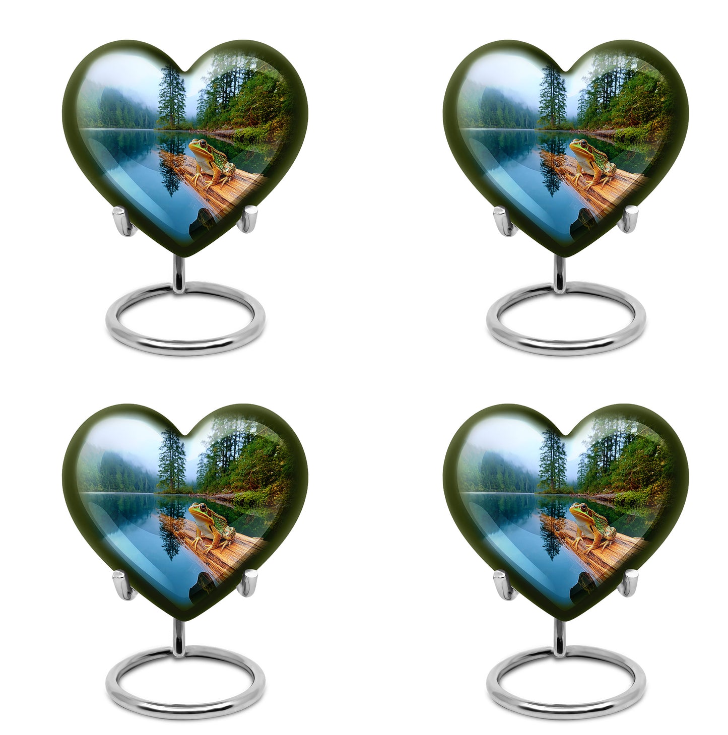 Bright Blue Frog Cremation Urn angled view of lid and engraved motif - compassionate heart-frog combination with gentle curves - 10 inch aluminum urn for cremated remains