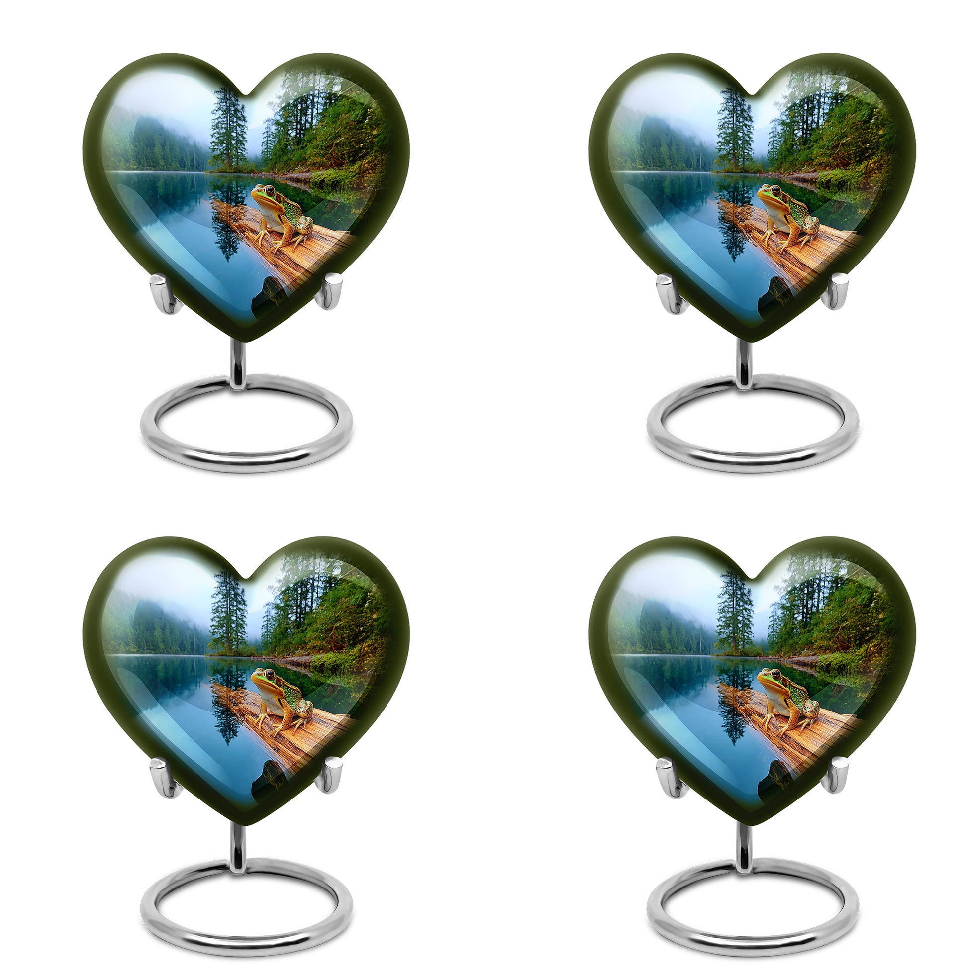 Bright Blue Frog Cremation Urn angled view of lid and engraved motif - compassionate heart-frog combination with gentle curves - 10 inch aluminum urn for cremated remains