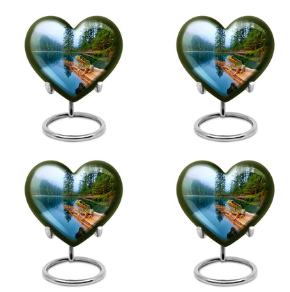 Bright Blue Frog Cremation Urn angled view of lid and engraved motif - compassionate heart-frog combination with gentle curves - 10 inch aluminum urn for cremated remains