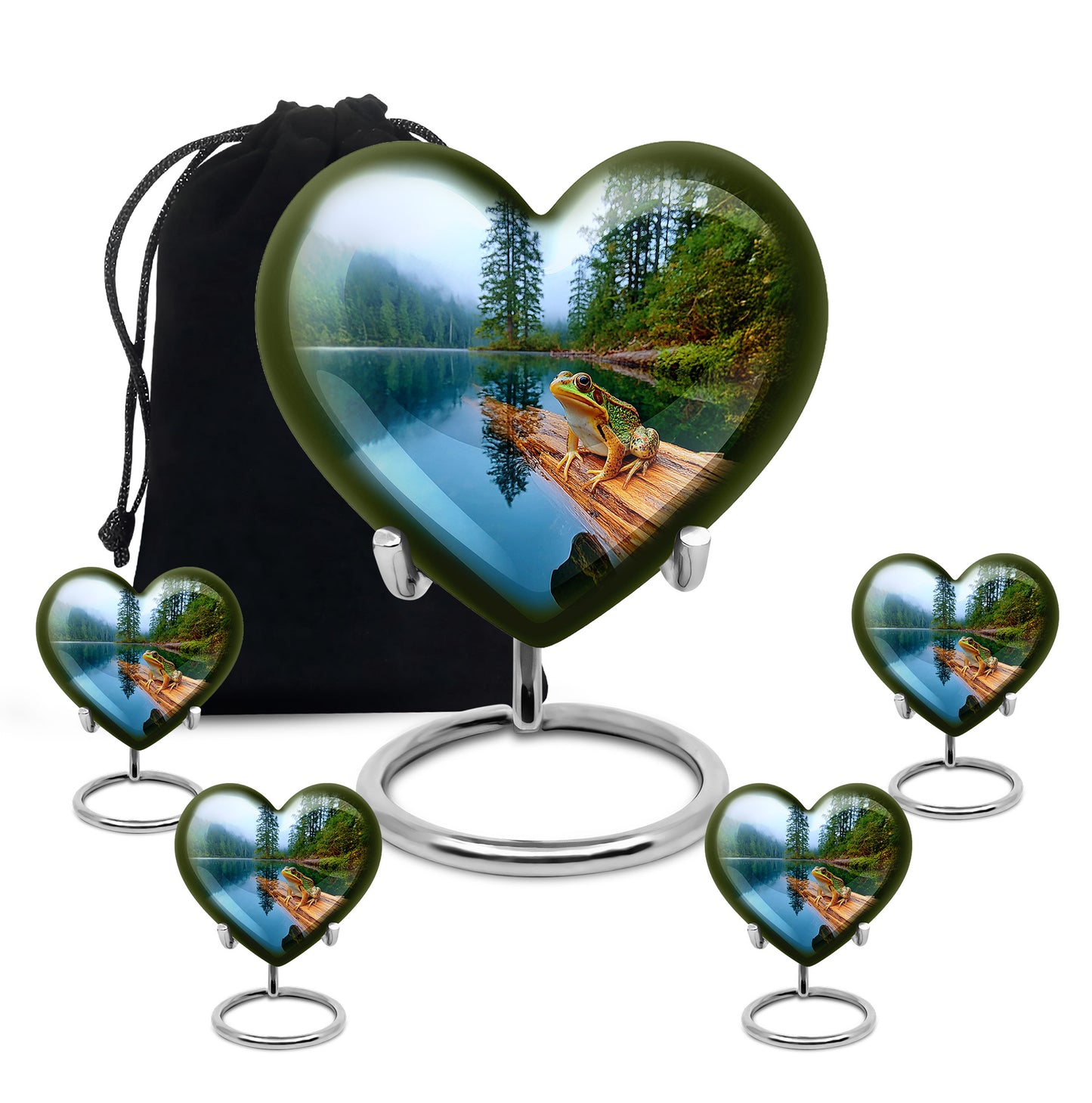 Sky Blue Frog Cremation Urn close-up of engraving and surface detail - heart-shaped frog design symbolizing eternal love - memorial set with one large and four small urns