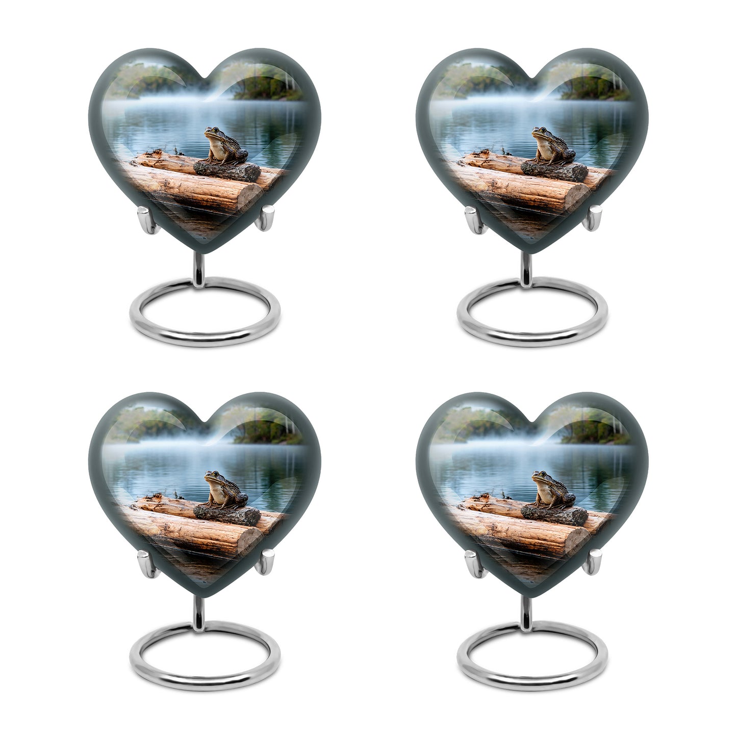 Sterling Silver Frog Cremation Urn angled view of lid and engraved motif - loving heart memorial featuring frog pattern - 10 inch aluminum urn for cremated remains