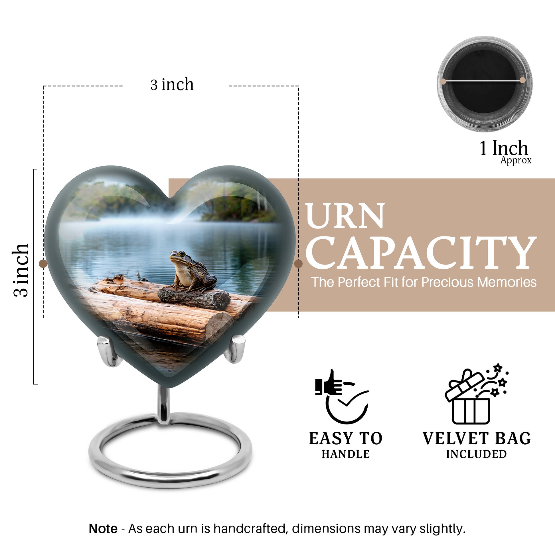 Frosted Silver Frog Cremation Urn front view showing detailed design - compassionate heart-frog combination with gentle curves - mini keepsake memorial for portion of cremation ashes