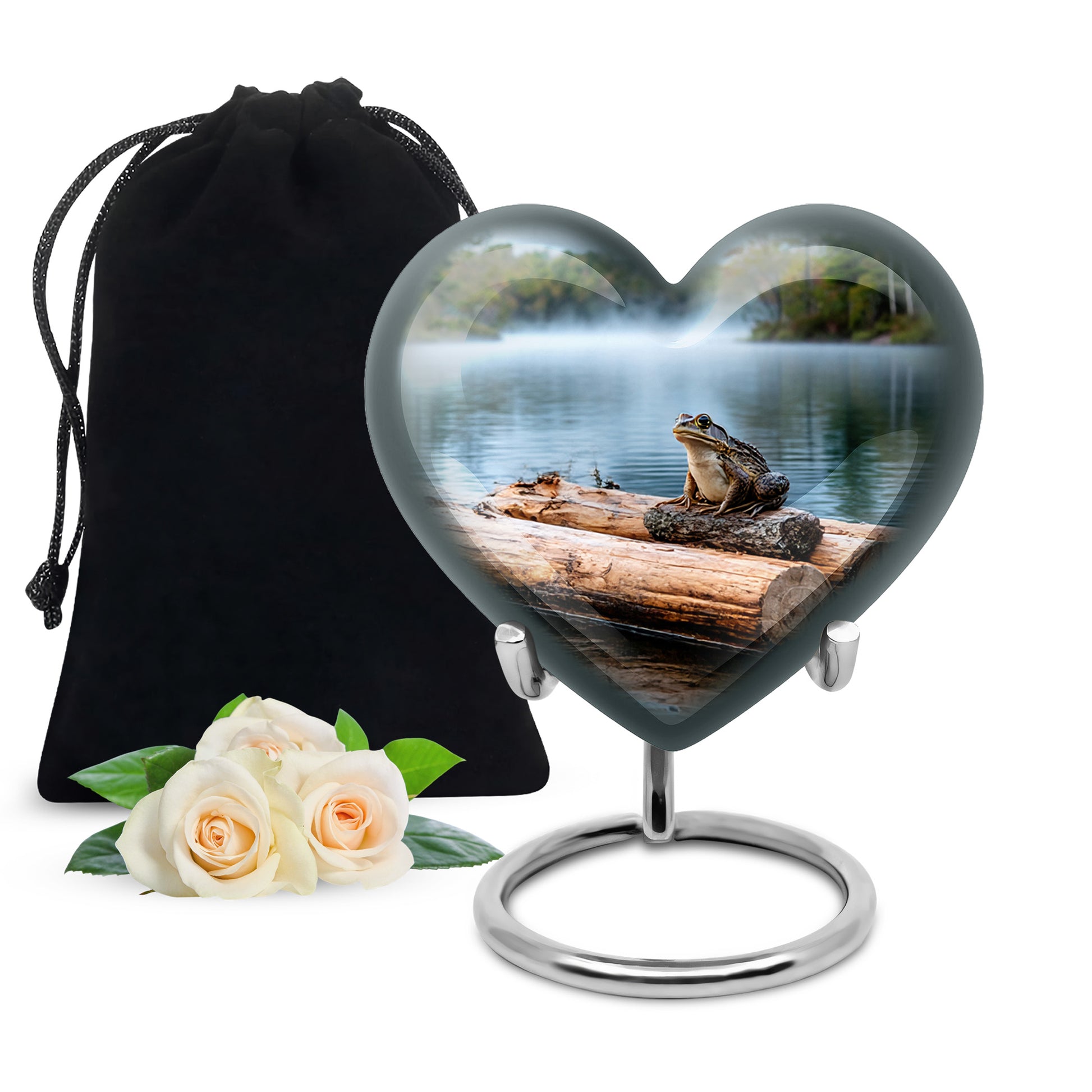 Brushed Silver Frog Cremation Urn detail view - heart-shaped frog design symbolizing eternal love - full-size 10 inch 200 cubic inch adult cremation urn