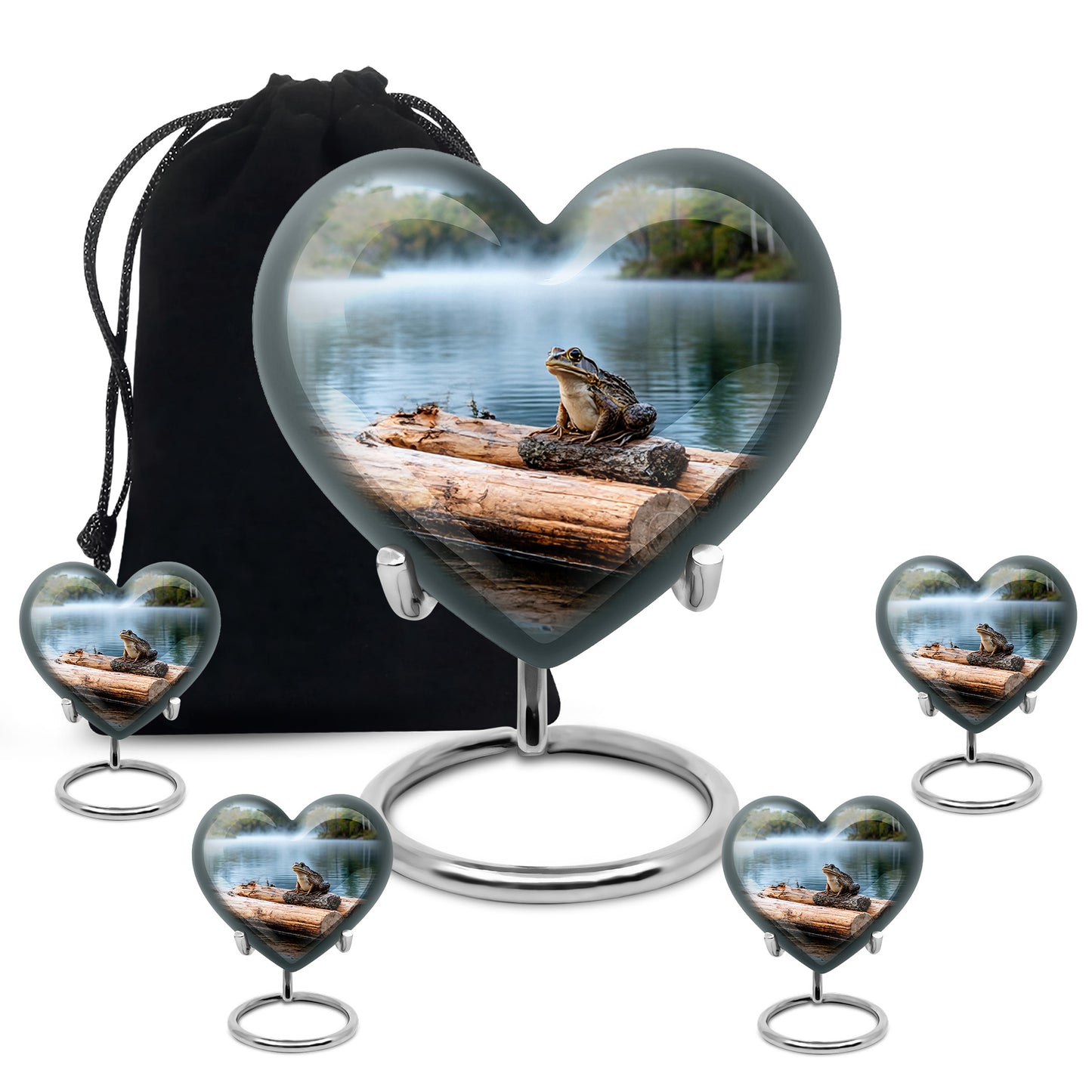 Gleaming Silver Frog Cremation Urn close-up of engraving and surface detail - heart-shaped frog design symbolizing eternal love - memorial set with one large and four small urns