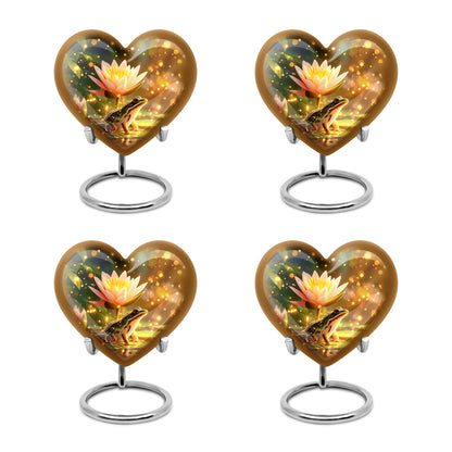 Matte Gold Frog Cremation Urn angled view of lid and engraved motif - compassionate heart-frog combination with gentle curves - 10 inch aluminum urn for cremated remains