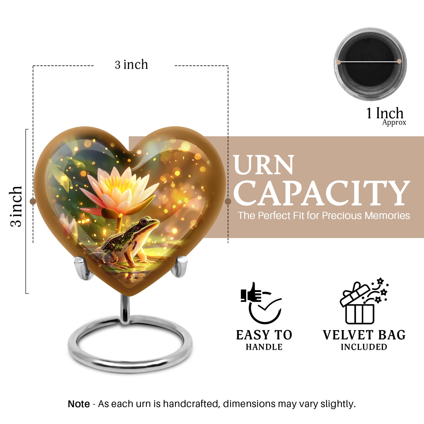 Gilded Gold Frog Cremation Urn front view showing detailed design - heart-shaped frog design symbolizing eternal love - mini keepsake memorial for portion of cremation ashes