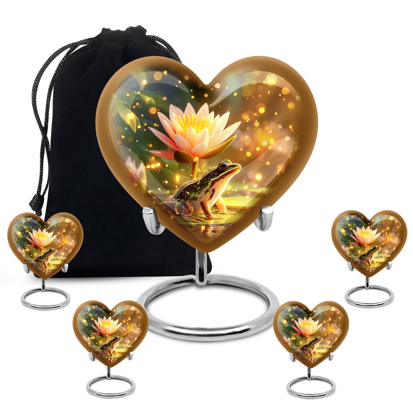 Warm Gold Frog Cremation Urn close-up of engraving and surface detail - romantic heart urn with frog motif on aluminum - memorial set with one large and four small urns