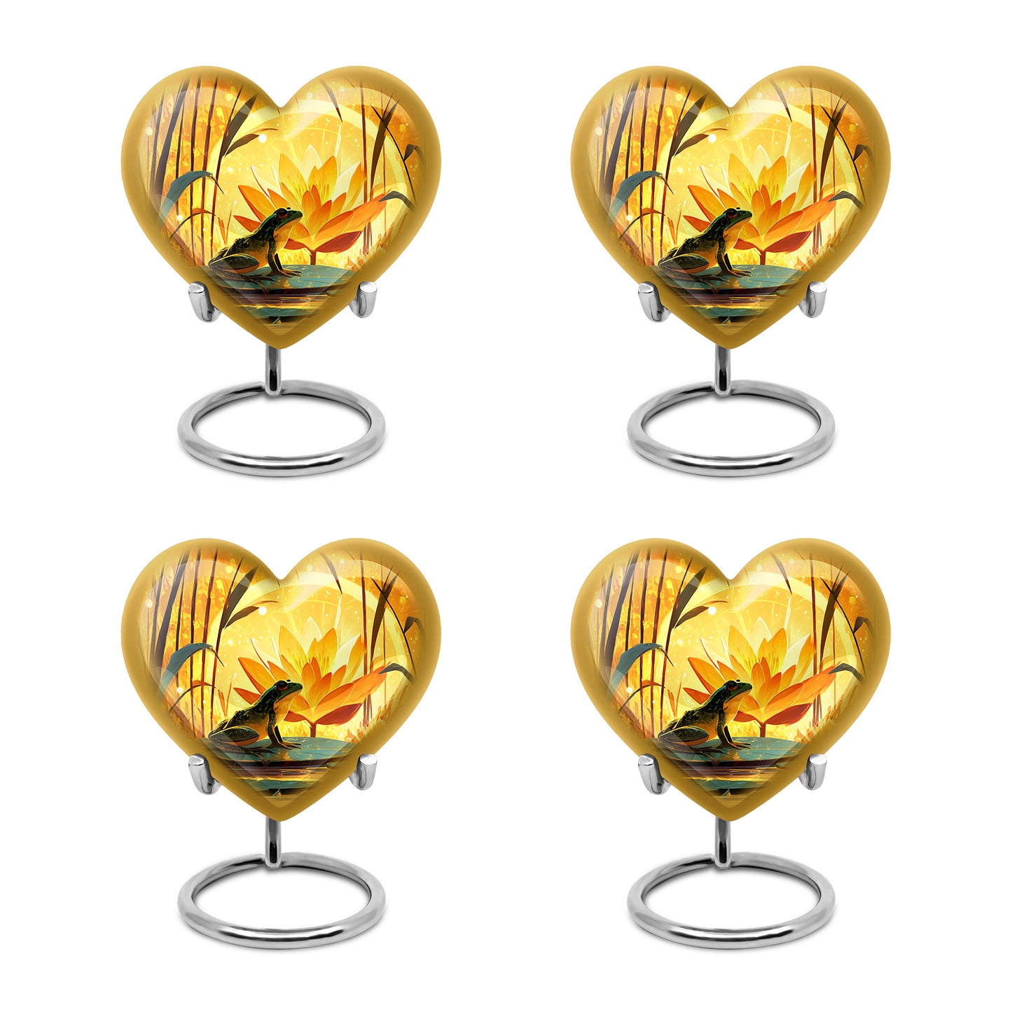 Matte Gold Frog Cremation Urn angled view of lid and engraved motif - romantic heart urn with frog motif on aluminum - 10 inch aluminum urn for cremated remains