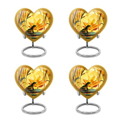 Matte Gold Frog Cremation Urn angled view of lid and engraved motif - romantic heart urn with frog motif on aluminum - 10 inch aluminum urn for cremated remains