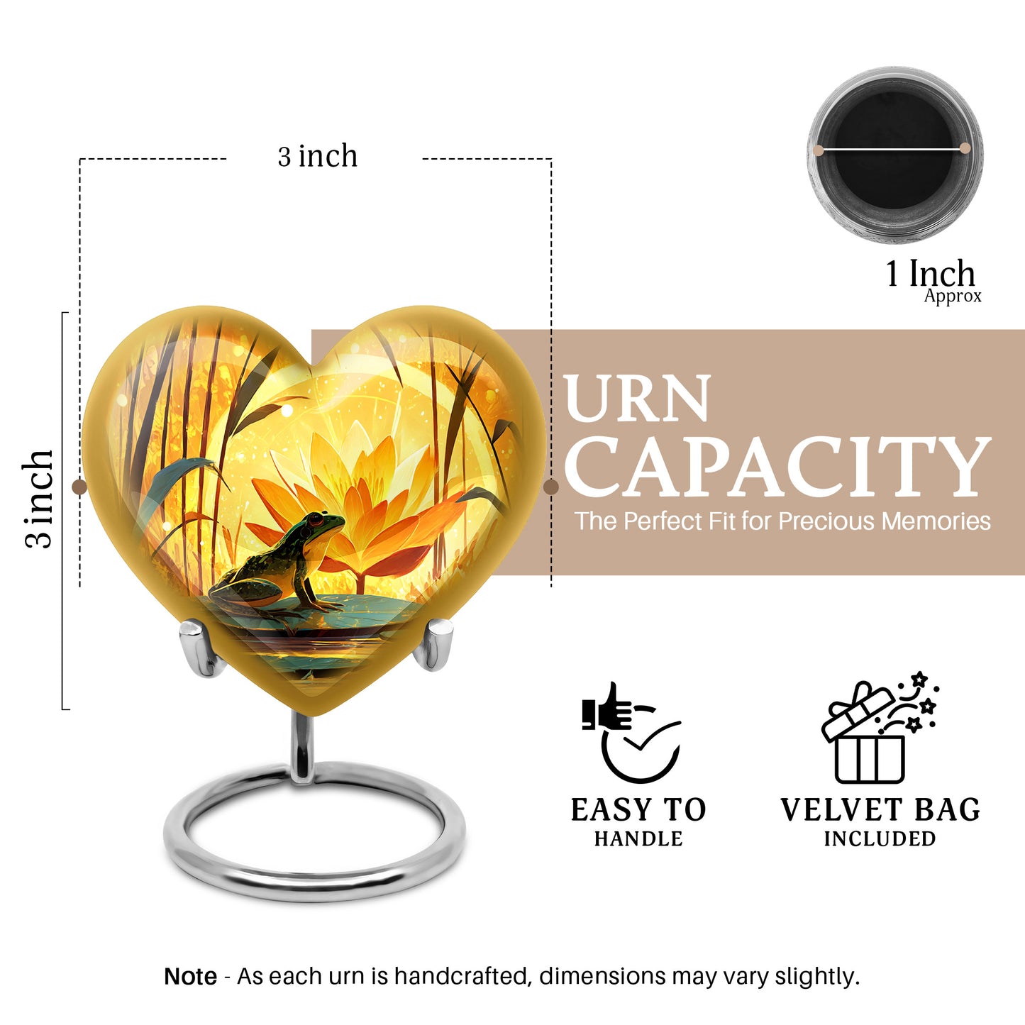 Amber Gold Frog Cremation Urn front view showing detailed design - loving heart memorial featuring frog pattern - mini keepsake memorial for portion of cremation ashes