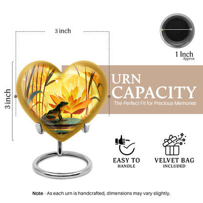 Amber Gold Frog Cremation Urn front view showing detailed design - loving heart memorial featuring frog pattern - mini keepsake memorial for portion of cremation ashes