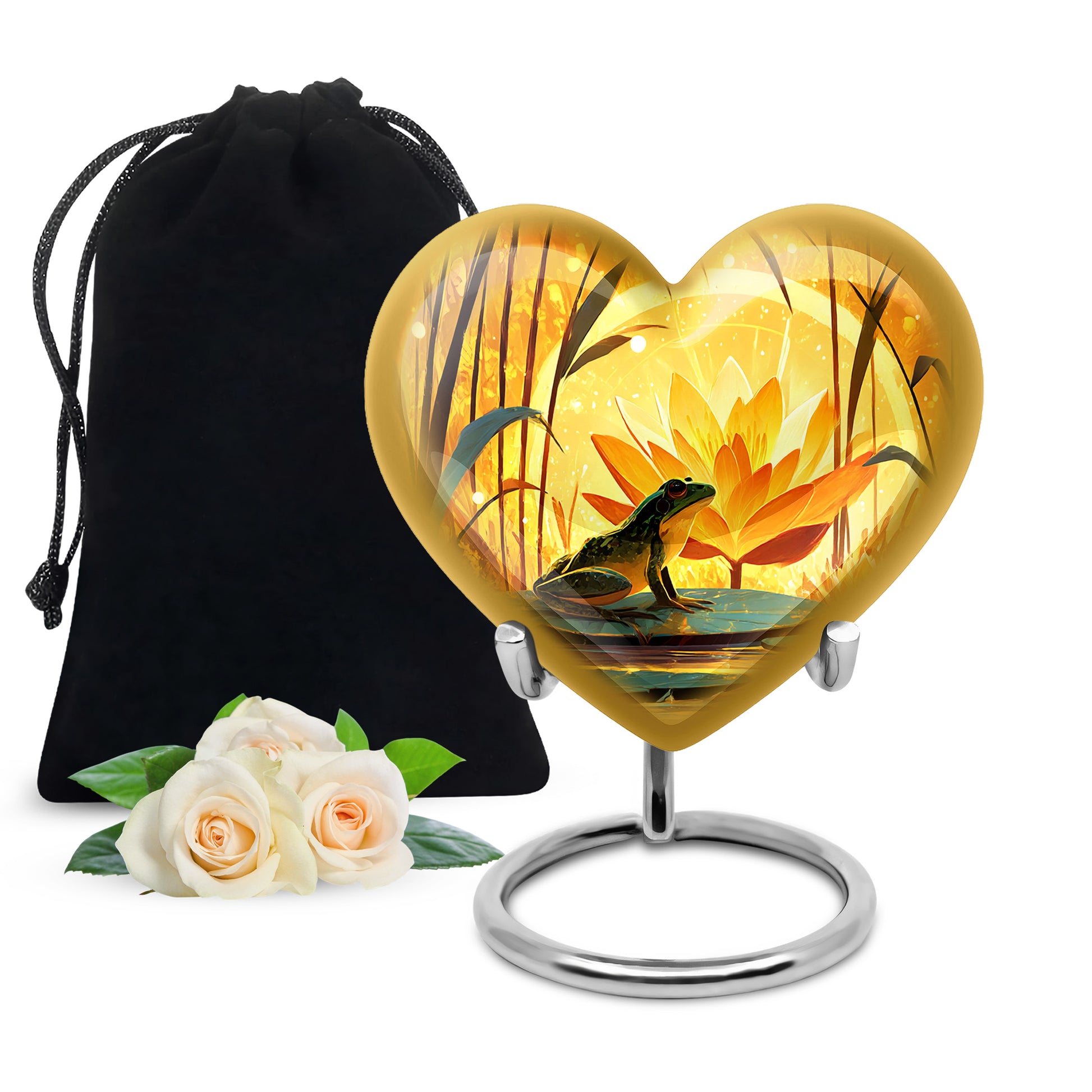 Matte Gold Frog Cremation Urn detail view - romantic heart urn with frog motif on aluminum - full-size 10 inch 200 cubic inch adult cremation urn