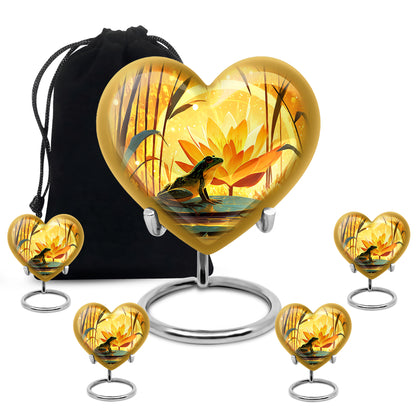Champagne Gold Frog Cremation Urn close-up of engraving and surface detail - heart-shaped frog design symbolizing eternal love - memorial set with one large and four small urns