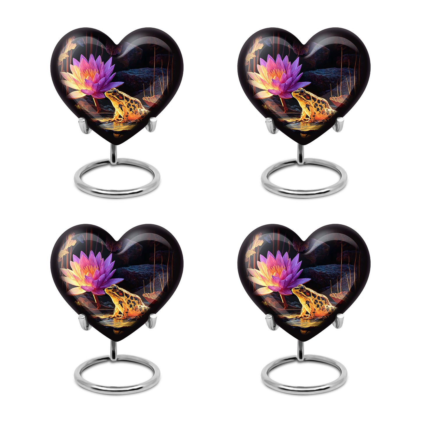 Obsidian Black Frog Cremation Urn angled view of lid and engraved motif - compassionate heart-frog combination with gentle curves - 10 inch aluminum urn for cremated remains