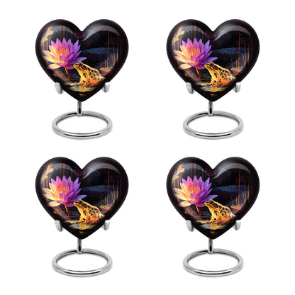 Obsidian Black Frog Cremation Urn angled view of lid and engraved motif - compassionate heart-frog combination with gentle curves - 10 inch aluminum urn for cremated remains