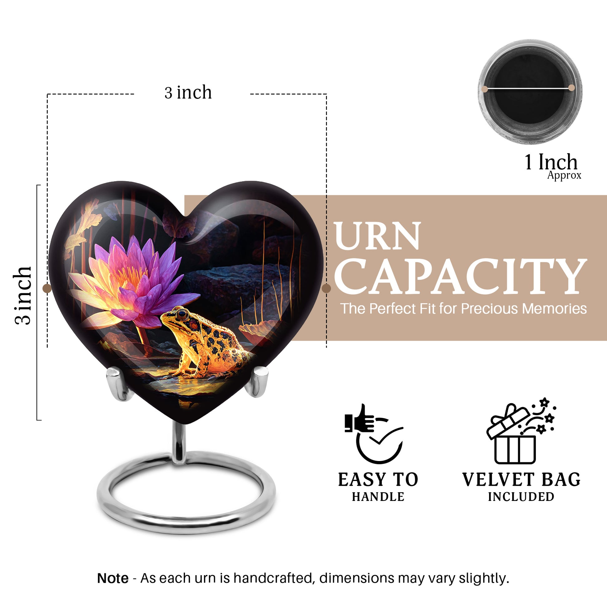 Glossy Black Frog Cremation Urn front view showing detailed design - loving heart memorial featuring frog pattern - mini keepsake memorial for portion of cremation ashes