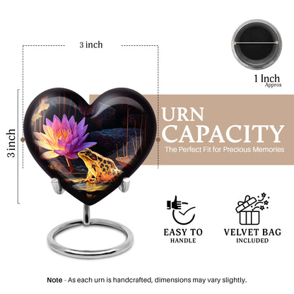 Glossy Black Frog Cremation Urn front view showing detailed design - loving heart memorial featuring frog pattern - mini keepsake memorial for portion of cremation ashes