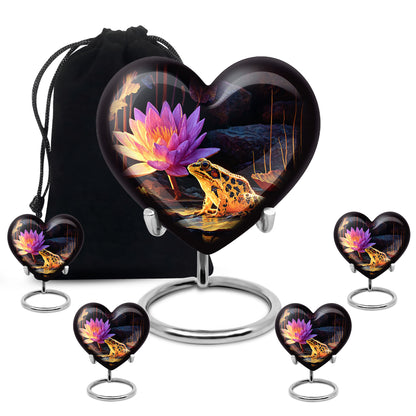 Onyx Black Frog Cremation Urn close-up of engraving and surface detail - romantic heart urn with frog motif on aluminum - memorial set with one large and four small urns