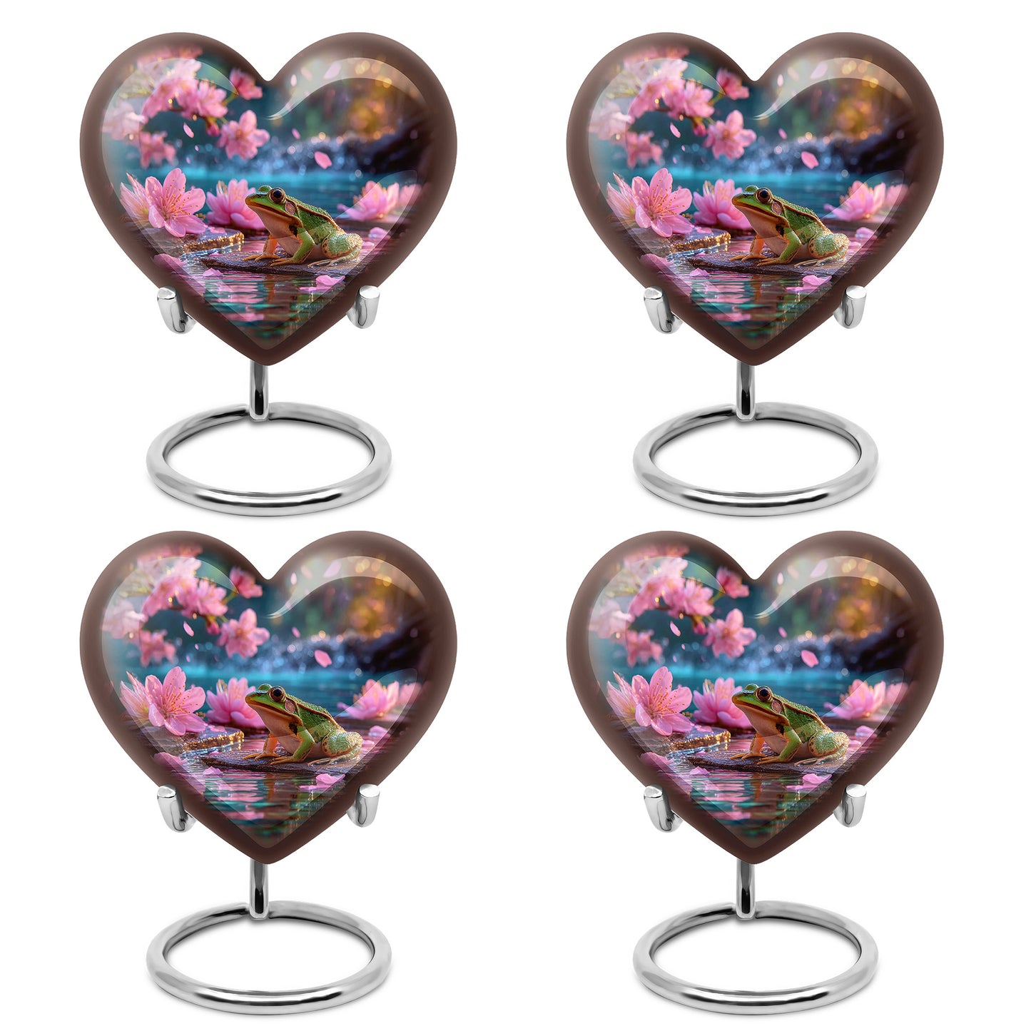Cherry Red Frog Cremation Urn angled view of lid and engraved motif - compassionate heart-frog combination with gentle curves - 10 inch aluminum urn for cremated remains