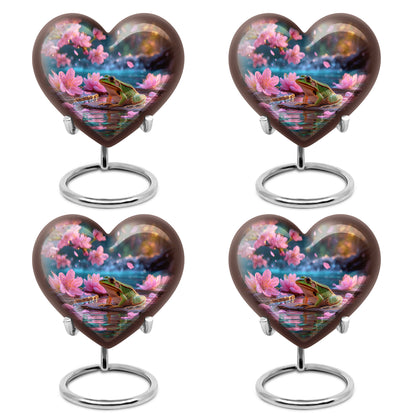 Cherry Red Frog Cremation Urn angled view of lid and engraved motif - compassionate heart-frog combination with gentle curves - 10 inch aluminum urn for cremated remains