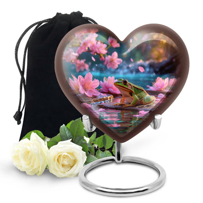 Fiery Red Frog Cremation Urn detail view - romantic heart urn with frog motif on aluminum - full-size 10 inch 200 cubic inch adult cremation urn