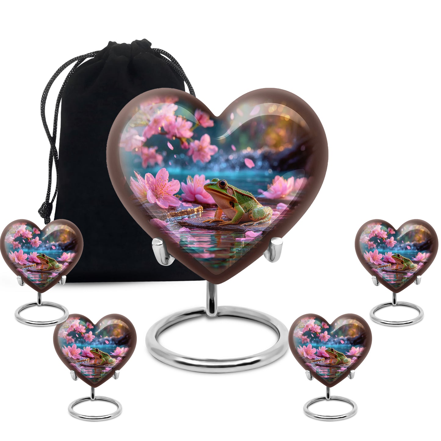 Wine Red Frog Cremation Urn close-up of engraving and surface detail - heart-shaped frog design symbolizing eternal love - memorial set with one large and four small urns