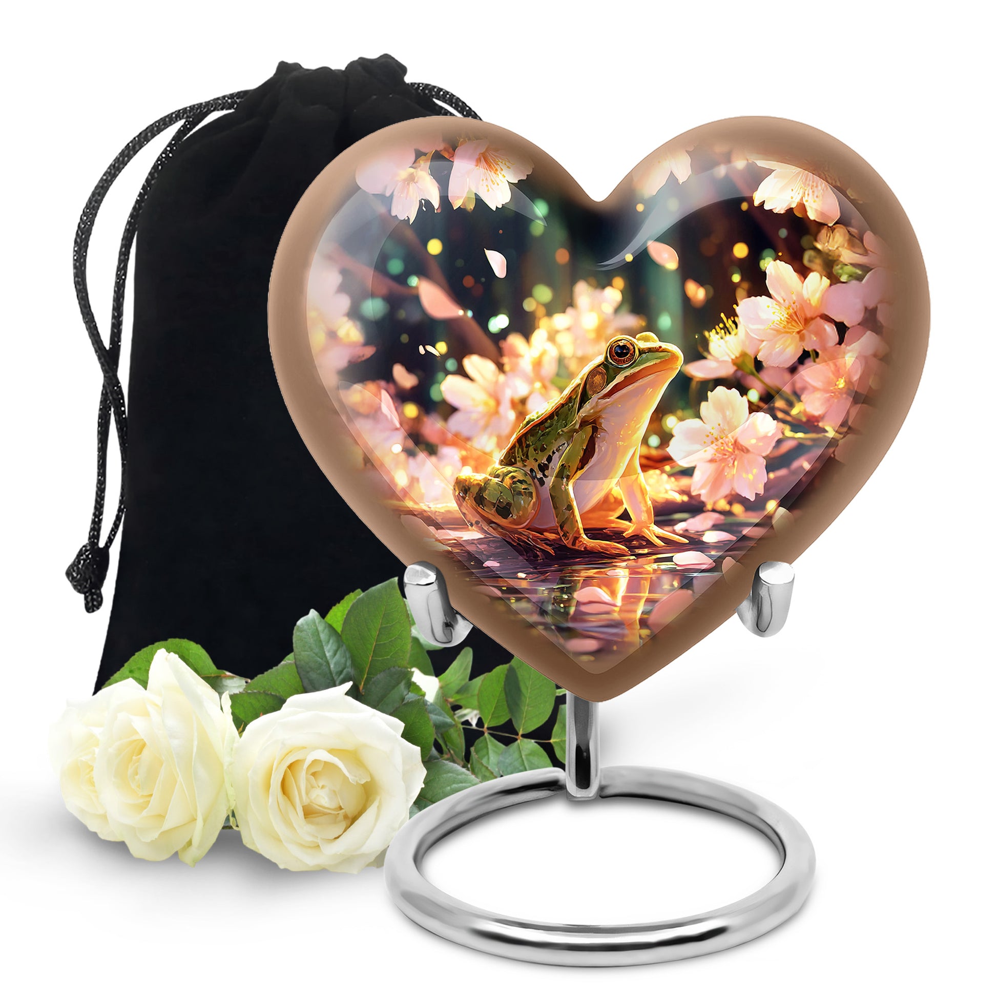 Harvest Gold Frog Cremation Urn detail view - compassionate heart-frog combination with gentle curves - full-size 10 inch 200 cubic inch adult cremation urn