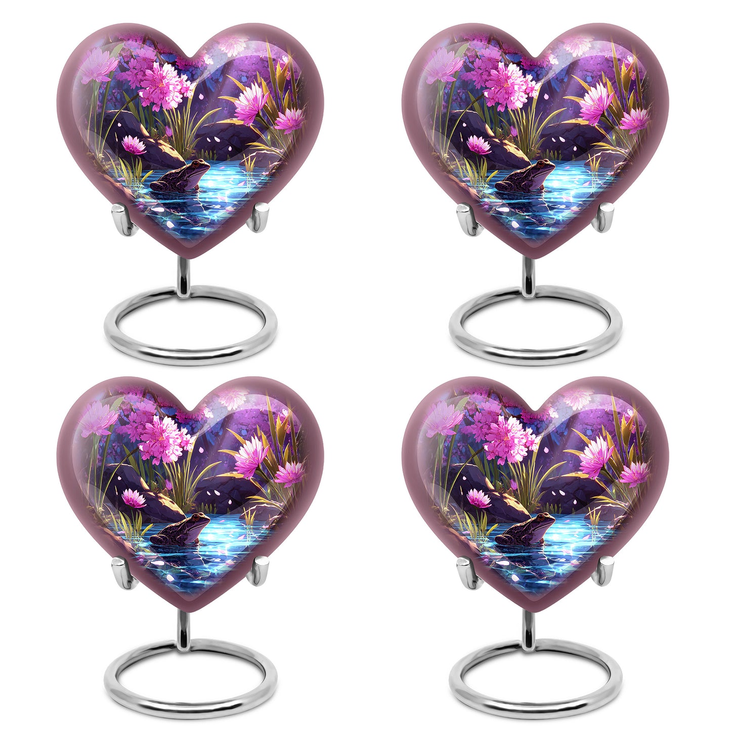 Pastel Pink Frog Cremation Urn angled view of lid and engraved motif - heart-shaped frog design symbolizing eternal love - 10 inch aluminum urn for cremated remains
