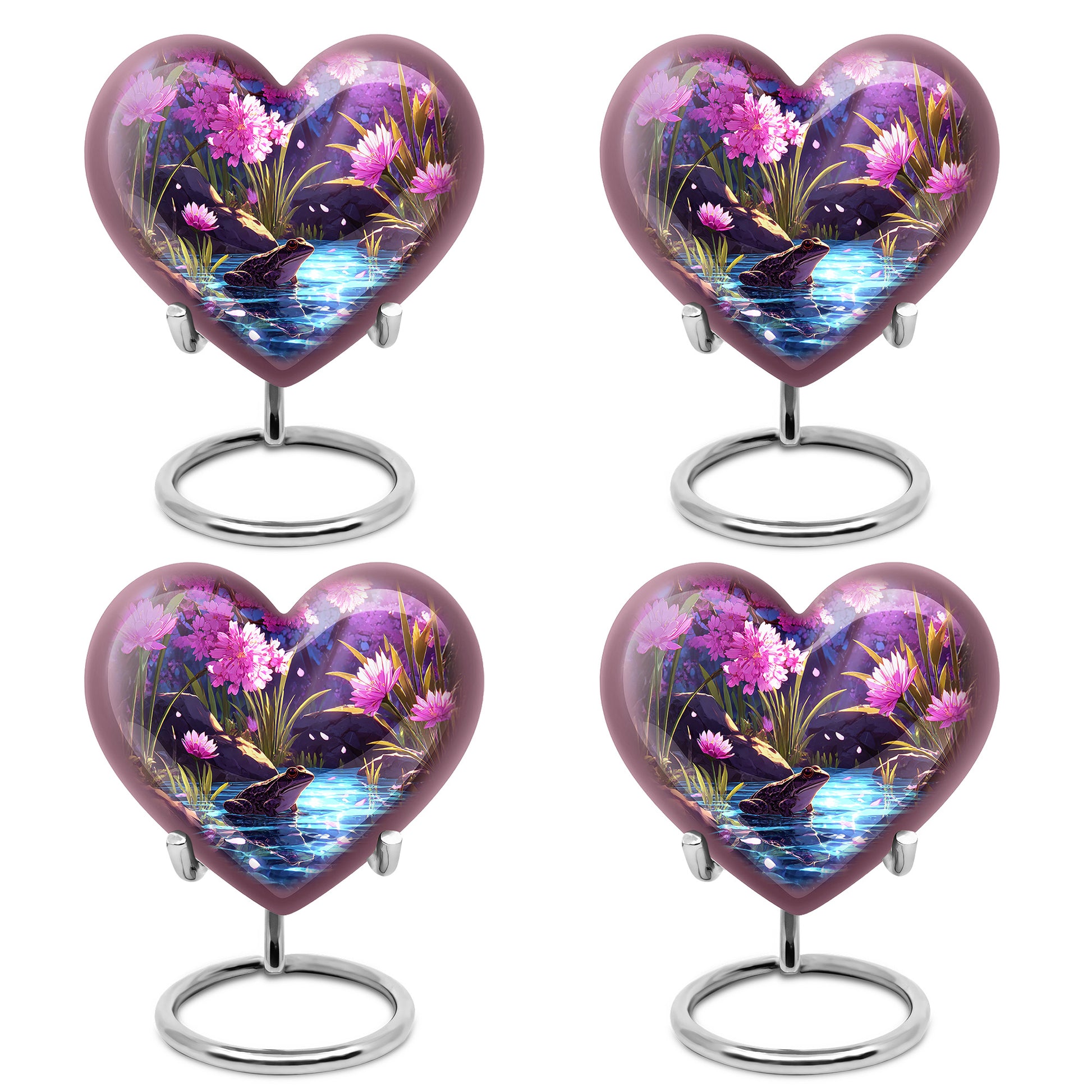 Pastel Pink Frog Cremation Urn angled view of lid and engraved motif - heart-shaped frog design symbolizing eternal love - 10 inch aluminum urn for cremated remains