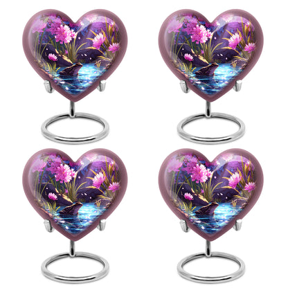 Pastel Pink Frog Cremation Urn angled view of lid and engraved motif - heart-shaped frog design symbolizing eternal love - 10 inch aluminum urn for cremated remains