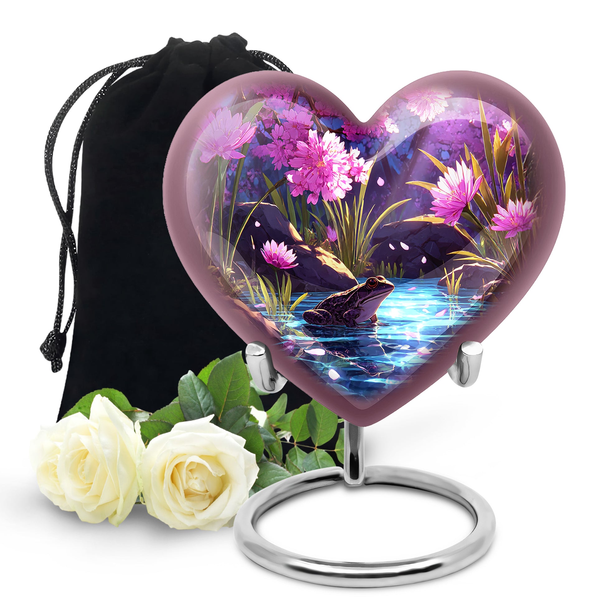 Rose Pink Frog Cremation Urn detail view - loving heart memorial featuring frog pattern - full-size 10 inch 200 cubic inch adult cremation urn
