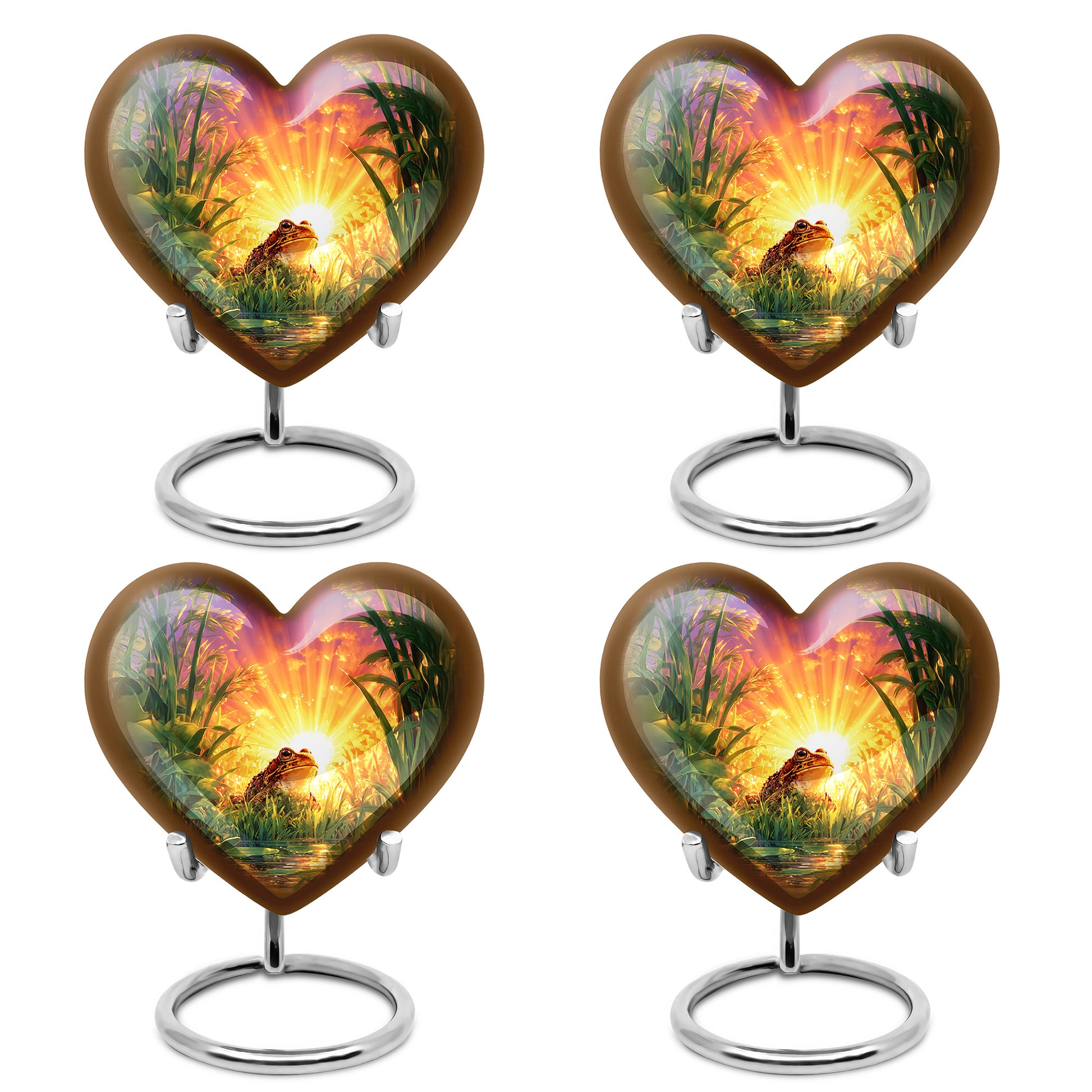 Majestic Purple Frog Cremation Urn angled view of lid and engraved motif - heart-shaped frog design symbolizing eternal love - 10 inch aluminum urn for cremated remains