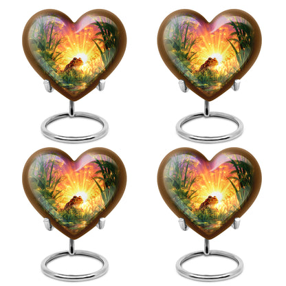 Majestic Purple Frog Cremation Urn angled view of lid and engraved motif - heart-shaped frog design symbolizing eternal love - 10 inch aluminum urn for cremated remains