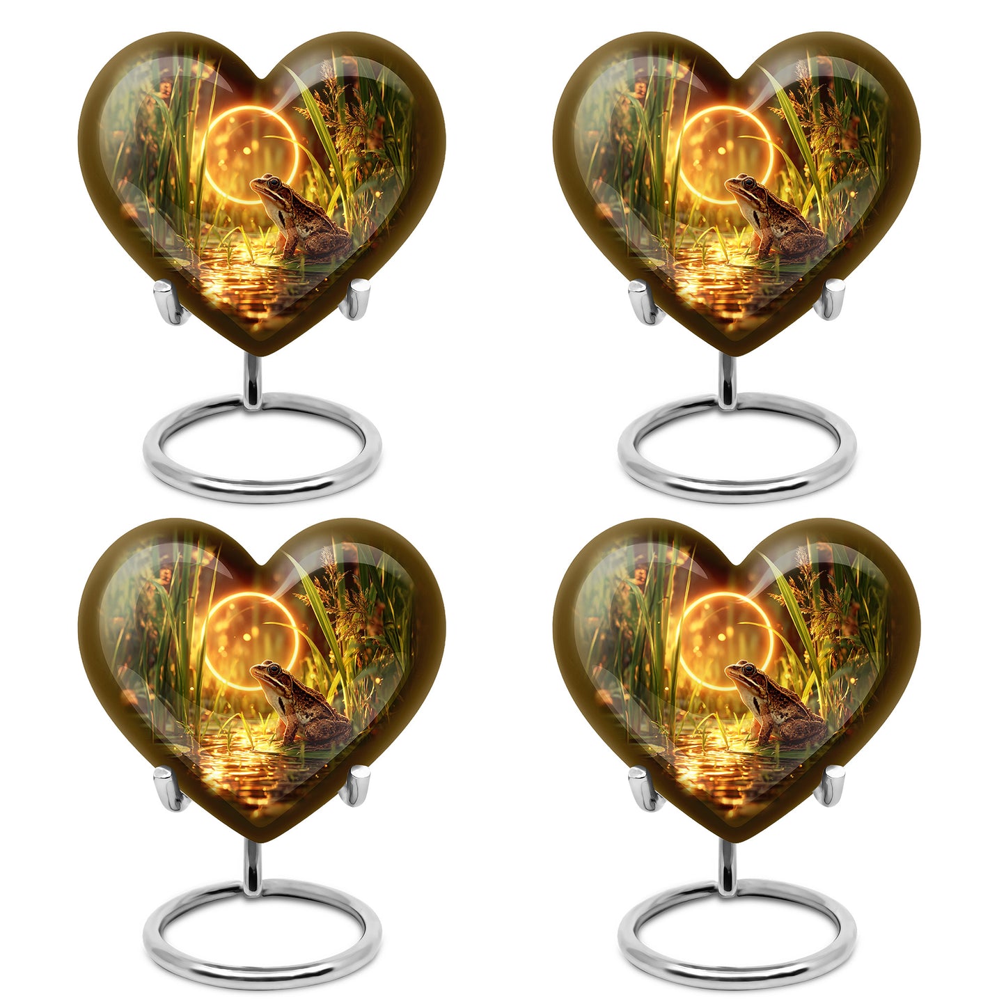 Champagne Gold Frog Cremation Urn angled view of lid and engraved motif - loving heart memorial featuring frog pattern - 10 inch aluminum urn for cremated remains