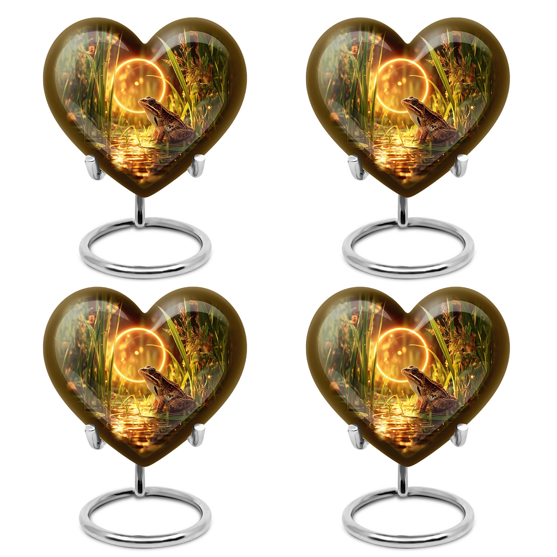 Champagne Gold Frog Cremation Urn angled view of lid and engraved motif - loving heart memorial featuring frog pattern - 10 inch aluminum urn for cremated remains