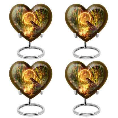 Champagne Gold Frog Cremation Urn angled view of lid and engraved motif - loving heart memorial featuring frog pattern - 10 inch aluminum urn for cremated remains