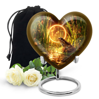 Royal Gold Frog Cremation Urn detail view - romantic heart urn with frog motif on aluminum - full-size 10 inch 200 cubic inch adult cremation urn