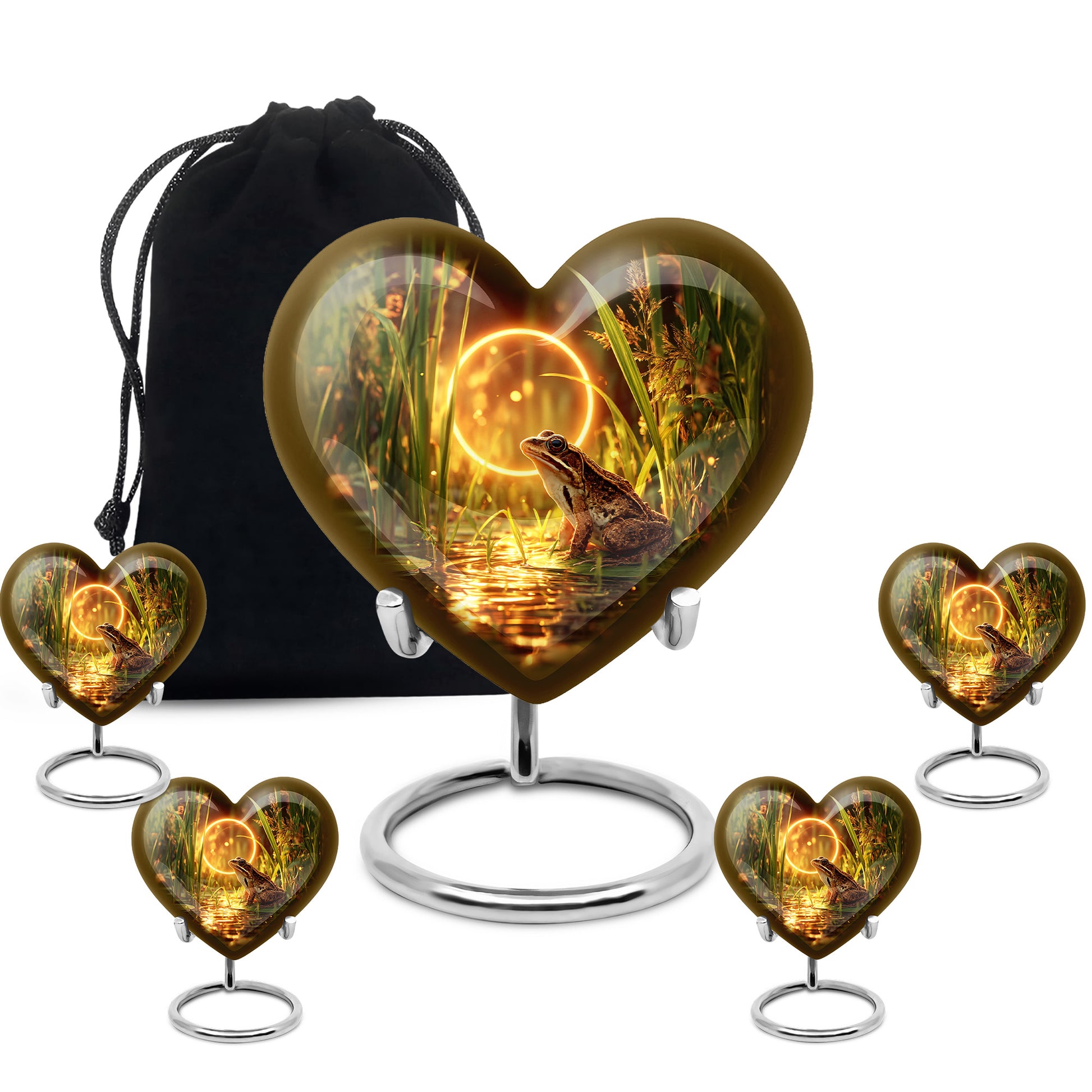 Warm Gold Frog Cremation Urn close-up of engraving and surface detail - compassionate heart-frog combination with gentle curves - memorial set with one large and four small urns