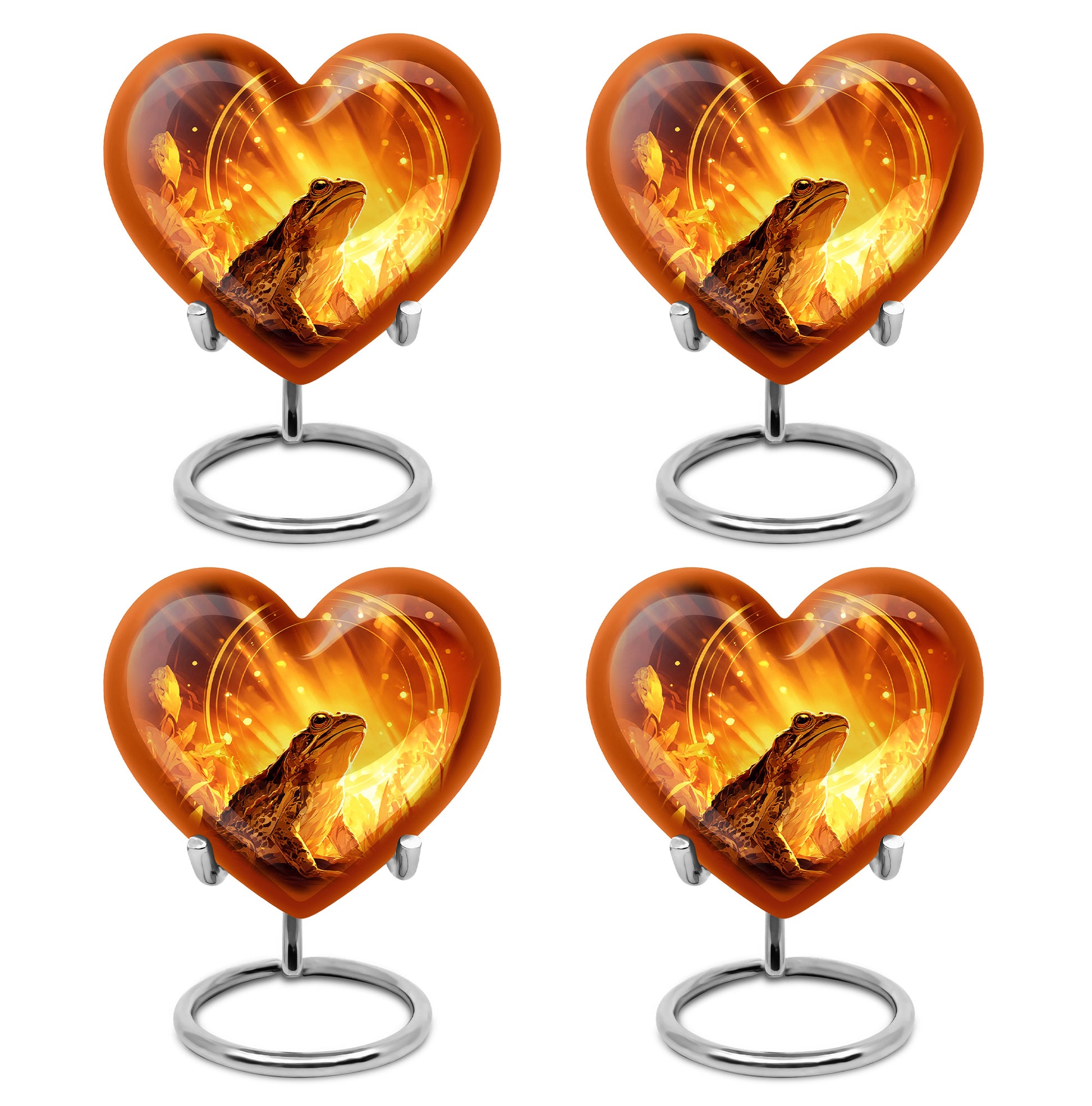 Burnished Gold Frog Cremation Urn angled view of lid and engraved motif - compassionate heart-frog combination with gentle curves - 10 inch aluminum urn for cremated remains
