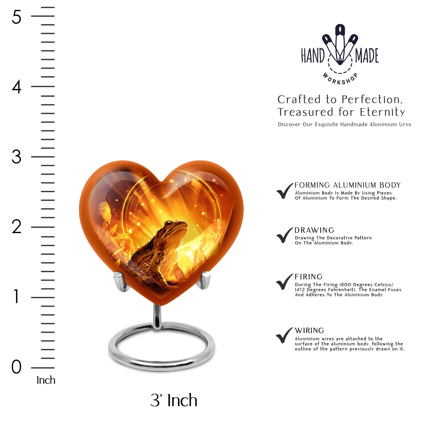 Matte Gold Frog Cremation Urn front view showing detailed design - romantic heart urn with frog motif on aluminum - mini keepsake memorial for portion of cremation ashes