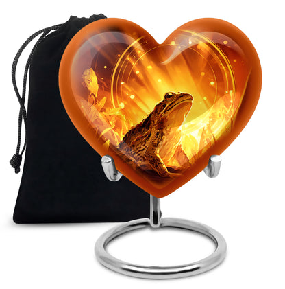 Amber Gold Frog Cremation Urn detail view - loving heart memorial featuring frog pattern - full-size 10 inch 200 cubic inch adult cremation urn