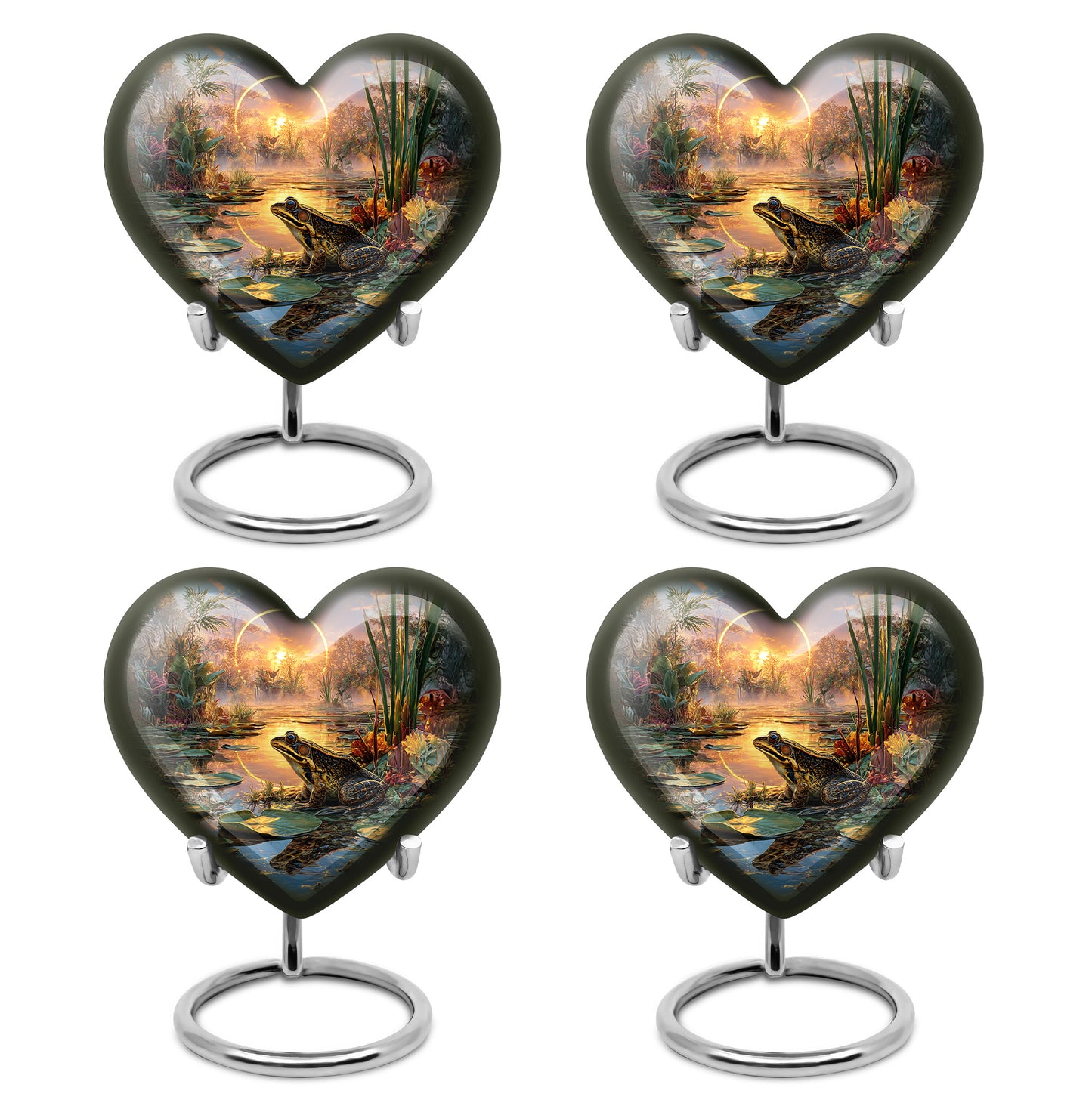 Smoke Gray Frog Cremation Urn angled view of lid and engraved motif - compassionate heart-frog combination with gentle curves - 10 inch aluminum urn for cremated remains