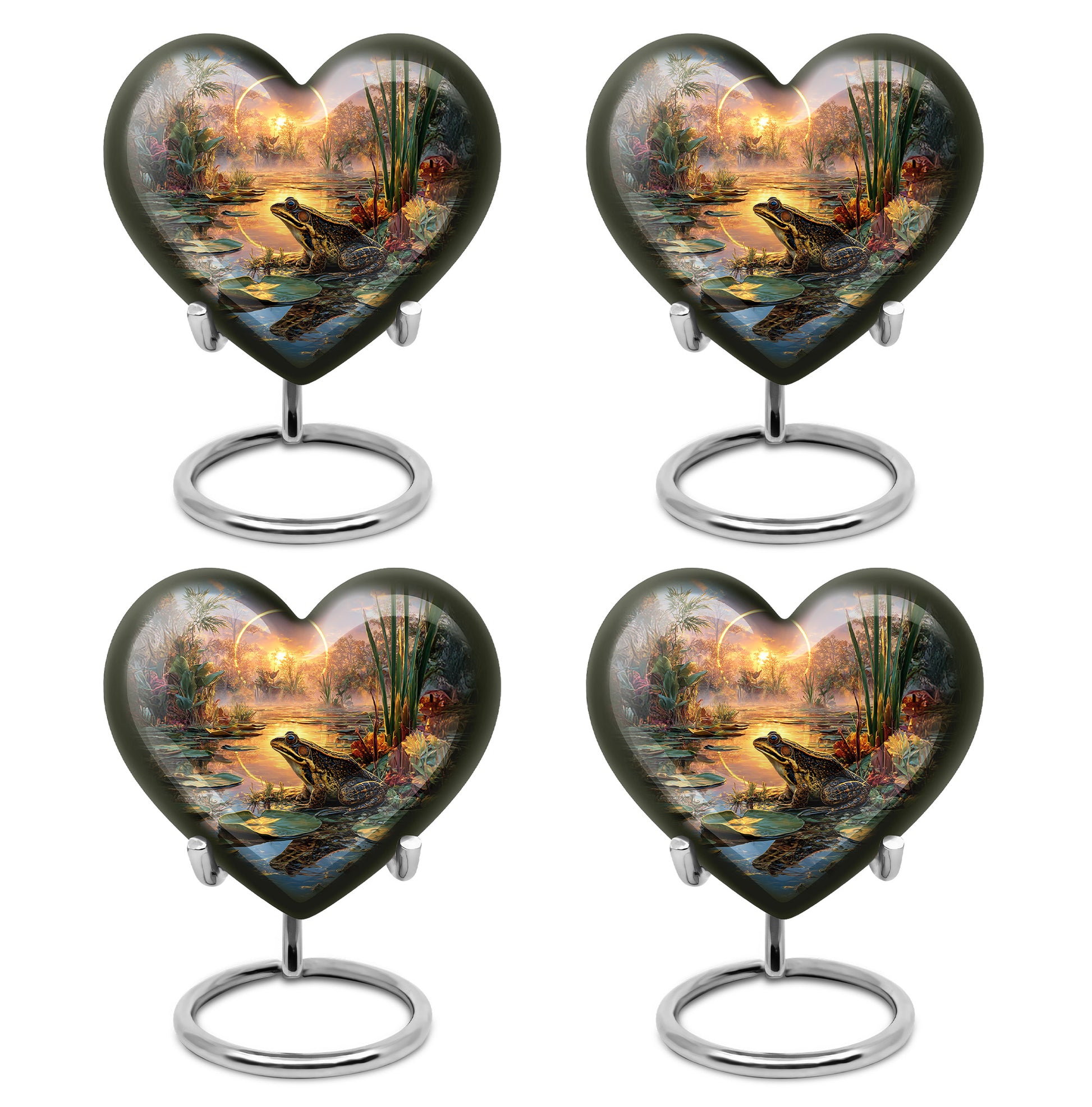 Smoke Gray Frog Cremation Urn angled view of lid and engraved motif - compassionate heart-frog combination with gentle curves - 10 inch aluminum urn for cremated remains