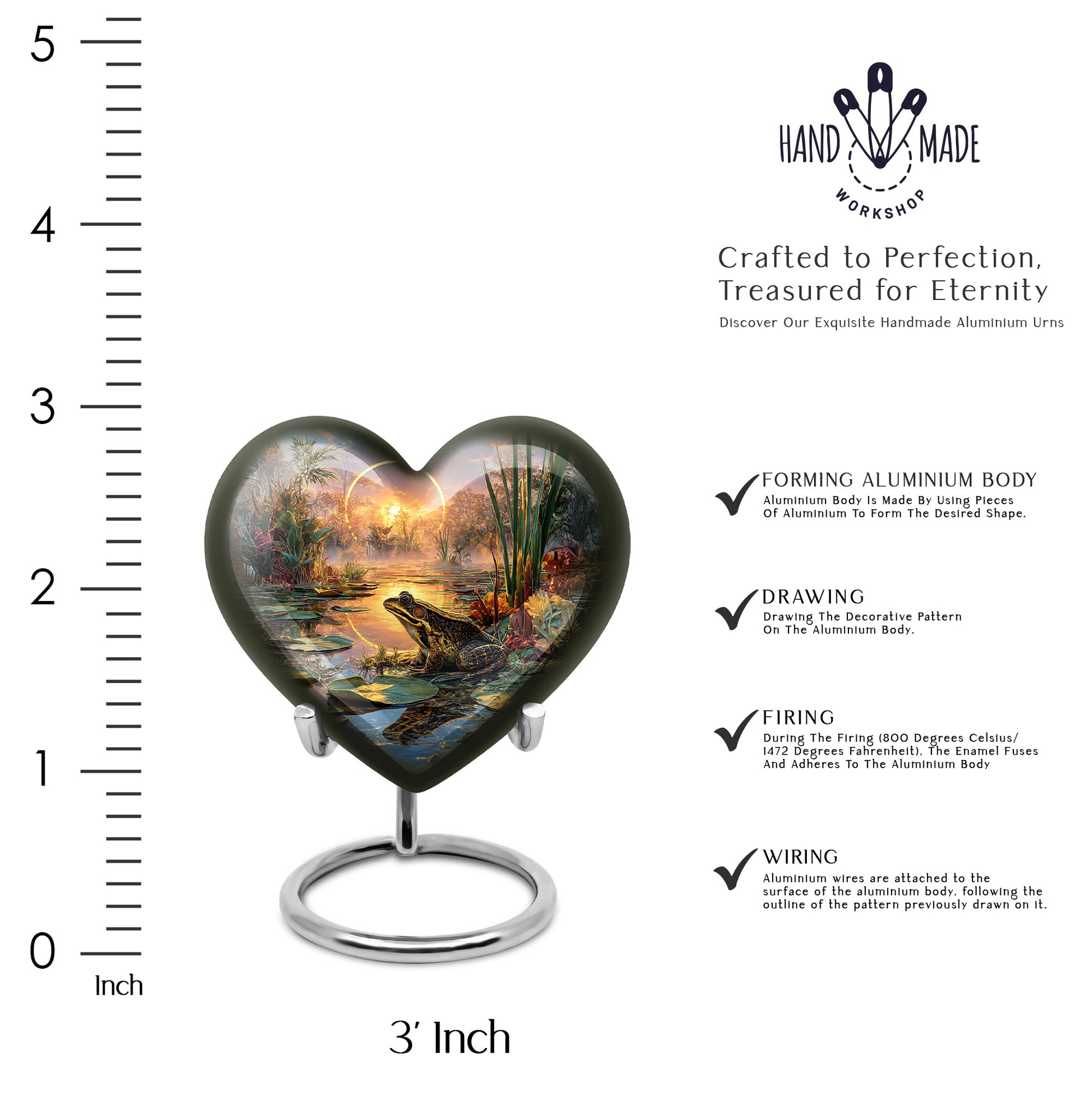 Ash Gray Frog Cremation Urn front view showing detailed design - romantic heart urn with frog motif on aluminum - mini keepsake memorial for portion of cremation ashes