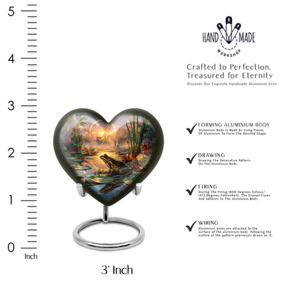 Ash Gray Frog Cremation Urn front view showing detailed design - romantic heart urn with frog motif on aluminum - mini keepsake memorial for portion of cremation ashes