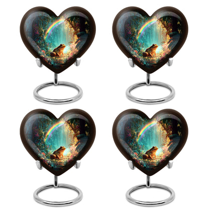 Rich Black Frog Cremation Urn angled view of lid and engraved motif - loving heart memorial featuring frog pattern - 10 inch aluminum urn for cremated remains