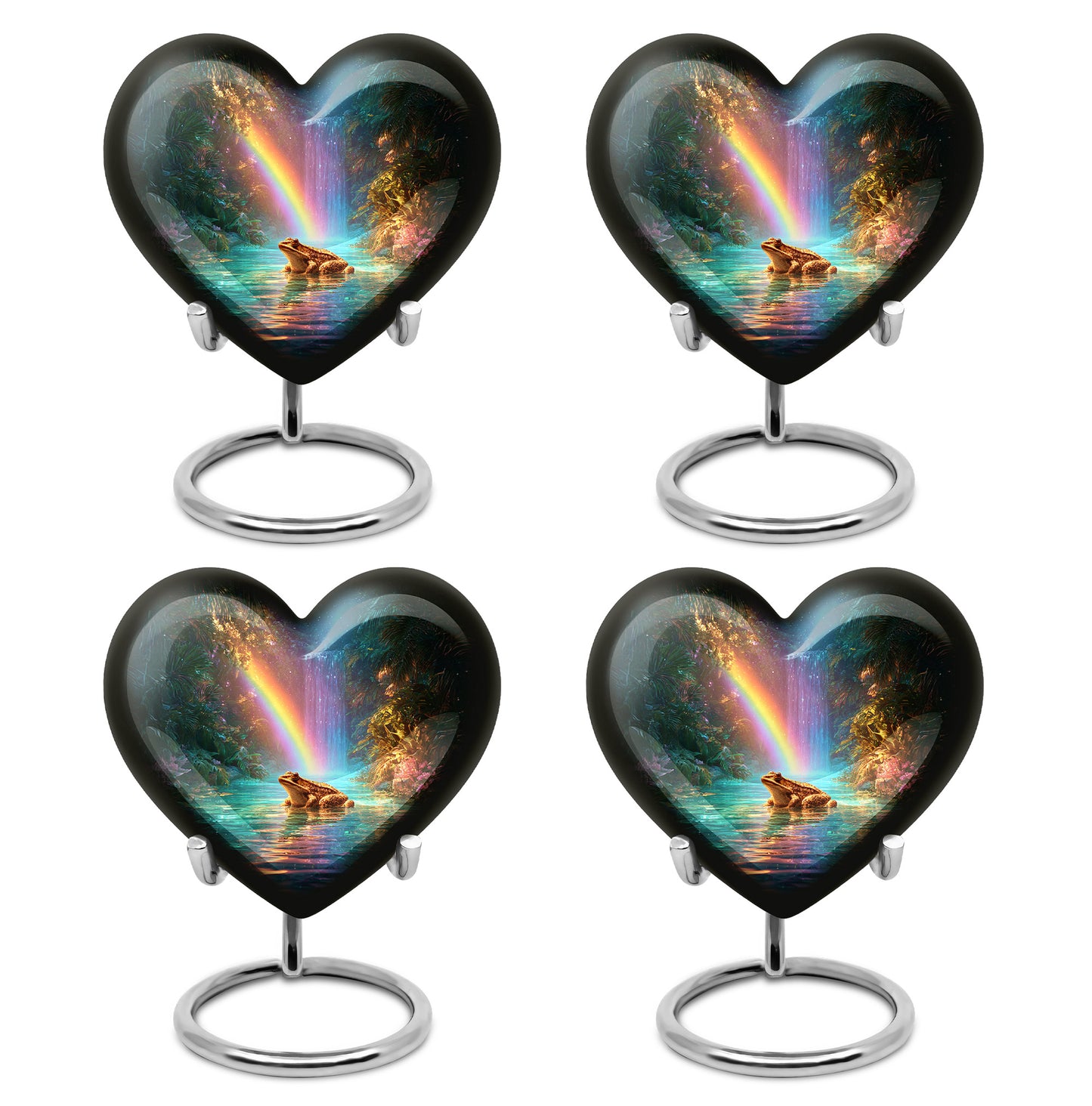 Cool Teal Frog Cremation Urn angled view of lid and engraved motif - heart-shaped frog design symbolizing eternal love - 10 inch aluminum urn for cremated remains