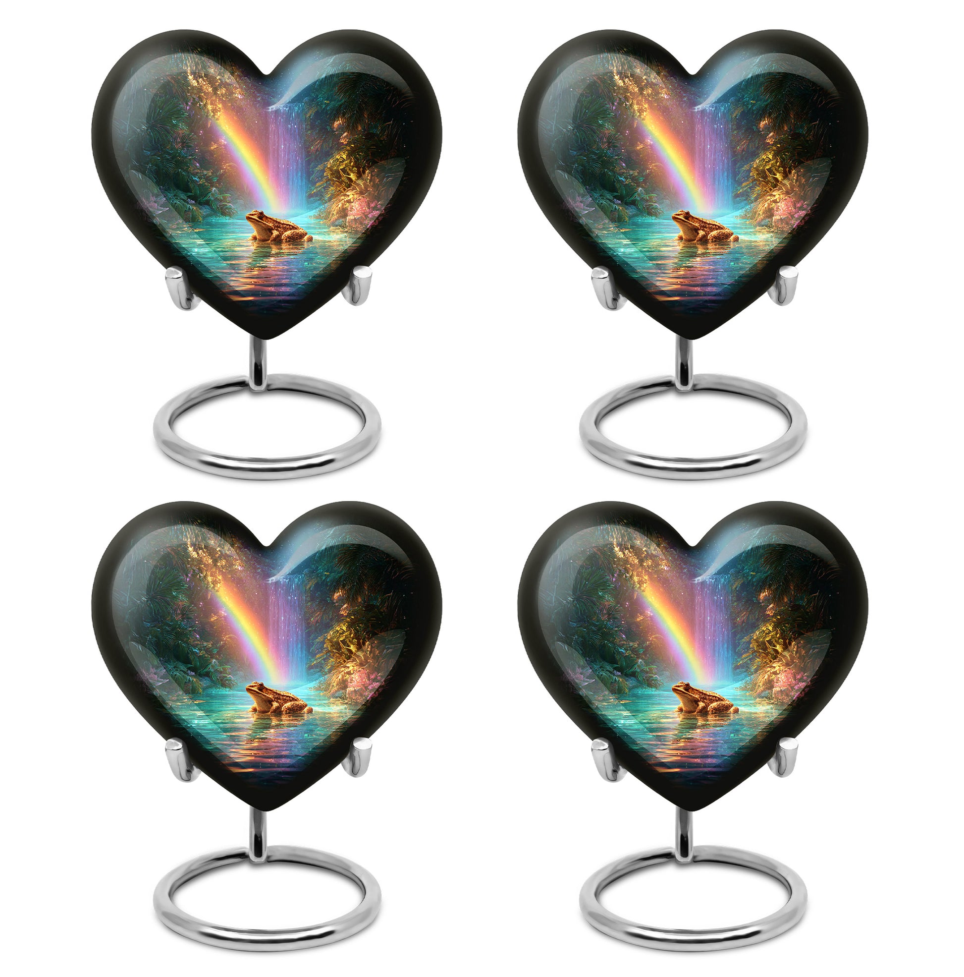 Cool Teal Frog Cremation Urn angled view of lid and engraved motif - heart-shaped frog design symbolizing eternal love - 10 inch aluminum urn for cremated remains