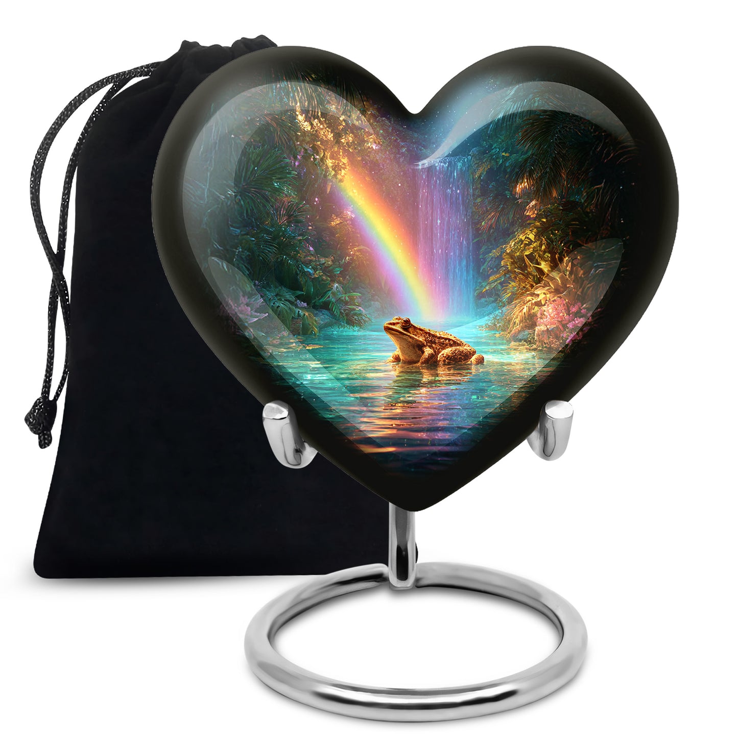 Sea Green Teal Frog Cremation Urn detail view - loving heart memorial featuring frog pattern - full-size 10 inch 200 cubic inch adult cremation urn