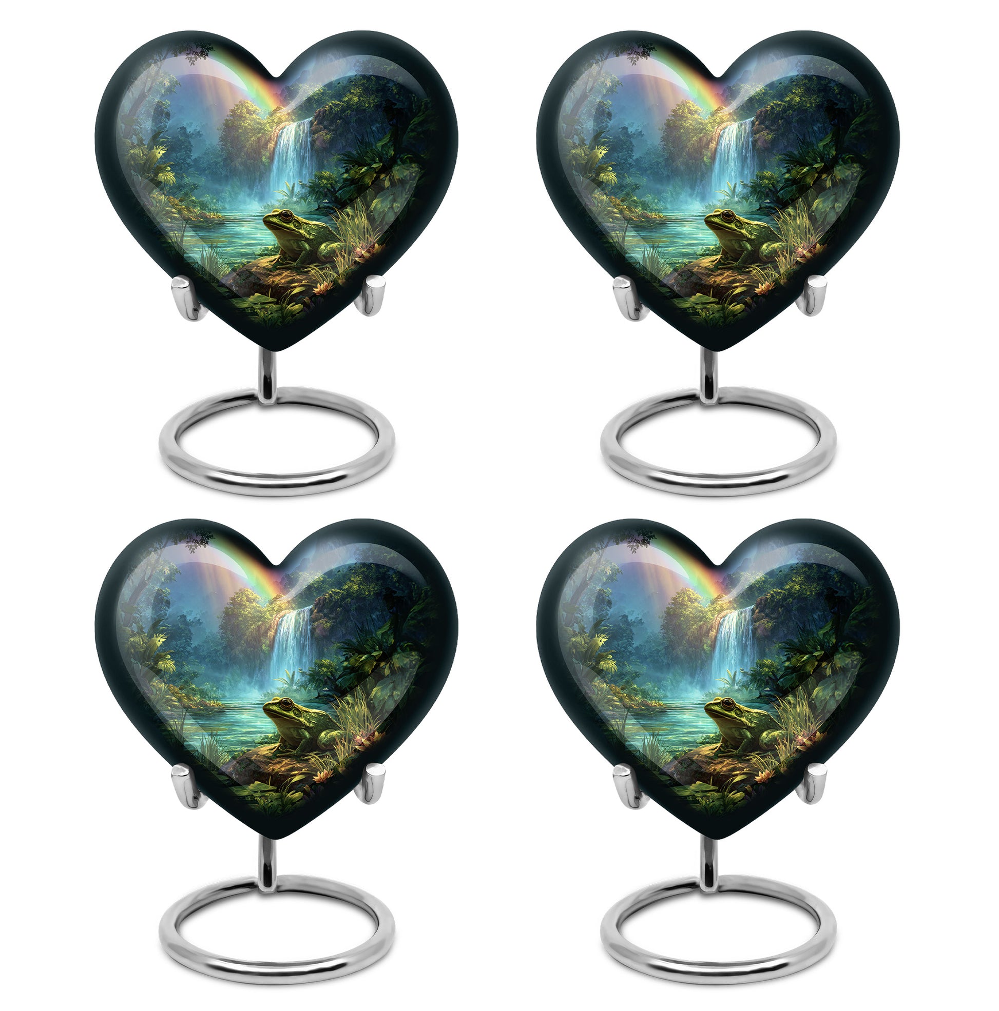 Sapphire Blue Frog Cremation Urn angled view of lid and engraved motif - compassionate heart-frog combination with gentle curves - 10 inch aluminum urn for cremated remains